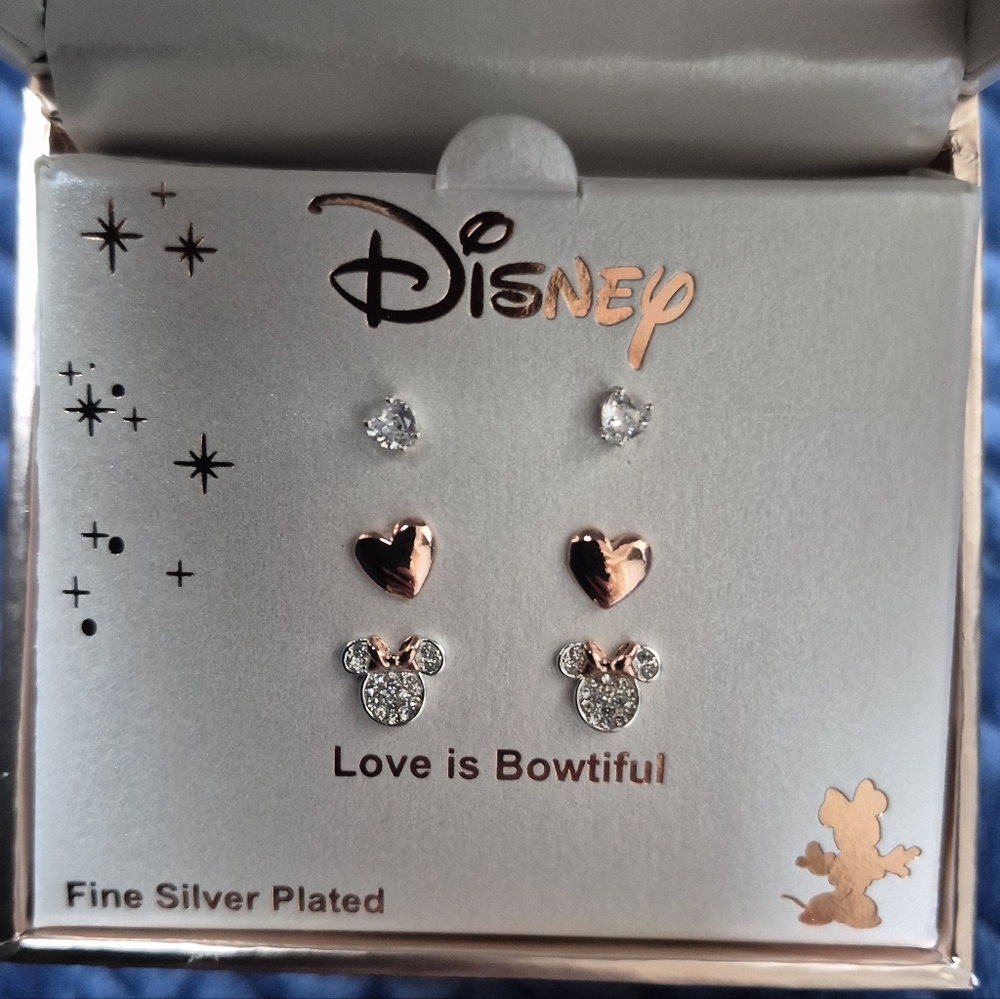 Disney Minnie Mouse Fine Silver Plated 3 Pairs Of Earrings Set, New With Tags